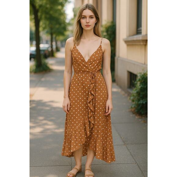 L Space Dresses & Skirts - L*Space Brown White Polka Dot Maxi Dress L Large Spaghetti Strap Wrap